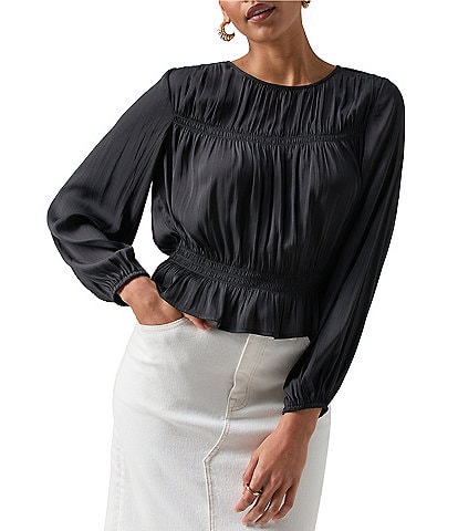 Sanctuary More Than Perfect Crinkle Sateen Smocked Waist Crew Neck Keyhole Button Back Long Sleeve Blouse