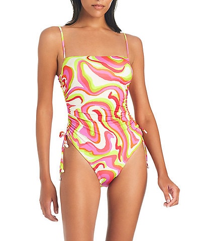 Sanctuary Neon Swirl Printed Square Neck Side Shirred One Piece Swimsuit