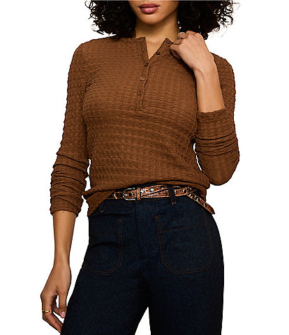 Sanctuary Not So Basic Textured Henley Neck Long Sleeve Knit Top