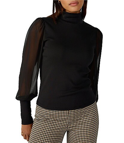 Sanctuary On My Mind Knit Mock Neck Long Mesh Sleeves Pop-Over Top