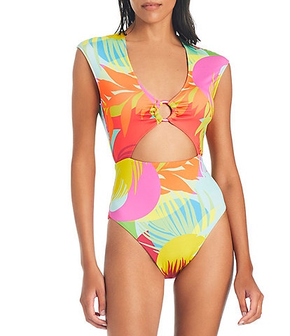 Sanctuary Palm Hottie Tropical Print Cap Sleeve Plunge-V One Piece Swimsuit