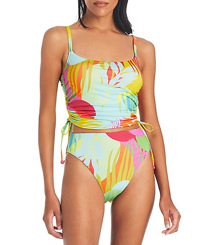 Sanctuary Palm Hottie Tropical Print Crop Shirred Side Bralette Swim Top & High Waist High Leg Swim Bottom