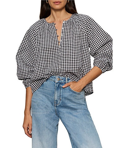 Sanctuary Perfect Gingham Button Front Split Neck Long Sleeve Top