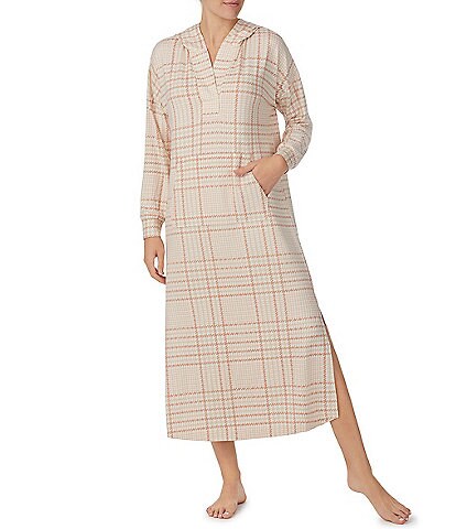 Sanctuary Plaid Brushed Jersey Knit Long Sleeve Hooded Maxi Lounger