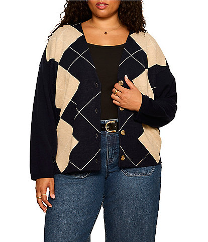 Sanctuary Plus Size Arden Argyle V-Neck Long Sleeve Button Front Rolled Hem Cardigan