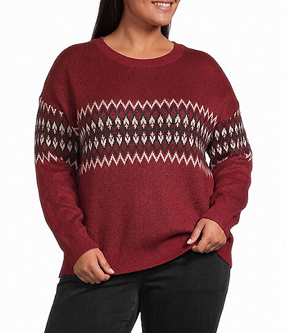 Sanctuary Plus Size Argyle Crew Neck Long Sleeve Fuzzy Jacquard Easy Pullover Sweater