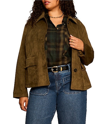 Sanctuary Plus Size Avid Faux Suede Spread Collar Long Sleeve Button Front Jacket
