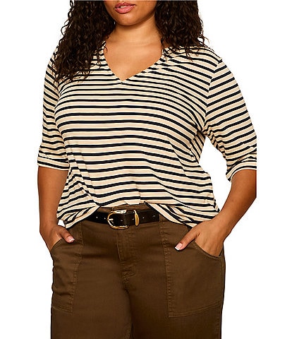 Sanctuary Plus Size Dolce Stripe Print Notch Neck 3/4 Sleeve Jersey Knit Tee