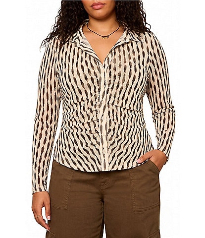 Sanctuary Plus Size Dreamgirl Printed Mesh Point Collared Long Sleeve Ruched Button Front Top