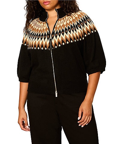 Sanctuary Plus Size Fairisle Printed Short Sleeve Zip-Up Sweater