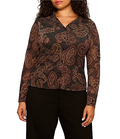 Sanctuary Plus Size Fitted Mesh Paisley Print Spread Collar Long Sleeve Button Down Top