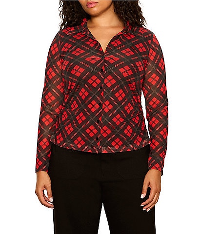 Sanctuary Plus Size Juno Plaid Printed Spread Collar Long Sleeve Button Front Mesh Top