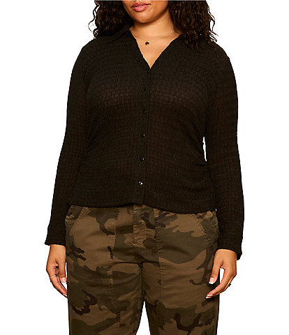 Sanctuary Plus Size Juno Textured Spread Collar Long Sleeve Button Front Knit Top