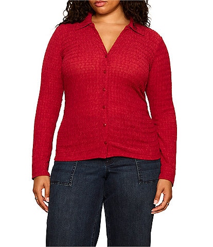 Sanctuary Plus Size Juno Textured Spread Collar Long Sleeve Button Front Knit Top