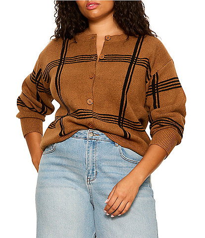Sanctuary Plus Size Must-Have Plaid Printed Round Neck Long Sleeve Button Front Cardigan