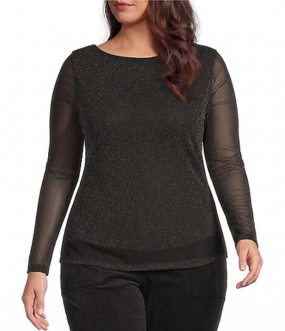 Sanctuary Plus Size Sparkle Mesh Knit Boat Neck Long Sleeve Fitted Fit Tee