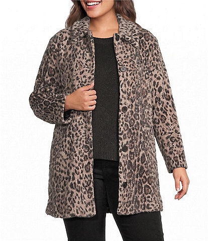 Sanctuary Plus Size Upside Leopard Print Spread Collar Long Sleeve Button Front Faux Fur Jacket