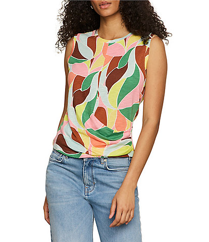 Sanctuary Printed Crew Neck Sleeveless Cotton Slub Jersey Draped Front Tank