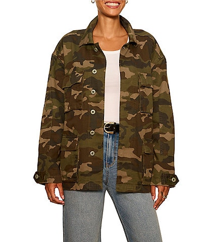 Sanctuary Reissue Camo Point Collared Long Sleeve Button Front Belted Field Jacket