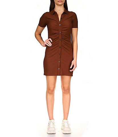 Sanctuary Round Up Knit Point Collar Ruched Button Front Short Sleeve Fitted Shirt Dress