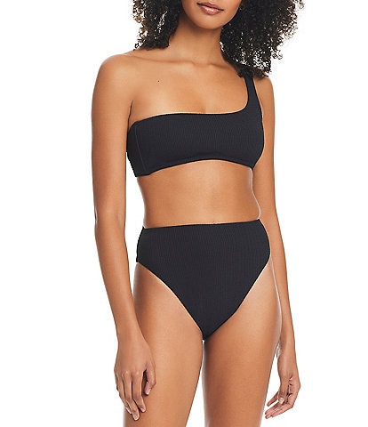 Sanctuary Sandbar Solids One Shoulder Neck Bikini Bandeau Swim Top & High Leg Moderate Coverage Swim Bottom