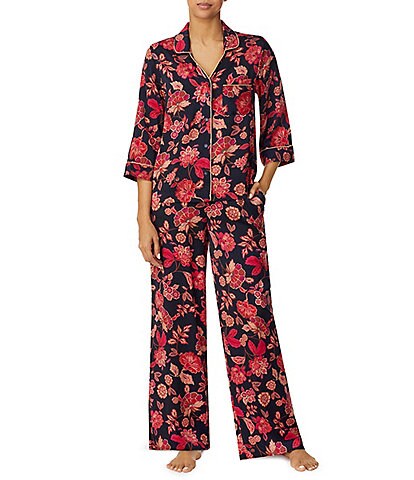 Sanctuary Satin Floral Print 3/4 Sleeve Notch Collar Wide Leg Pant Coordinating Pajama Set