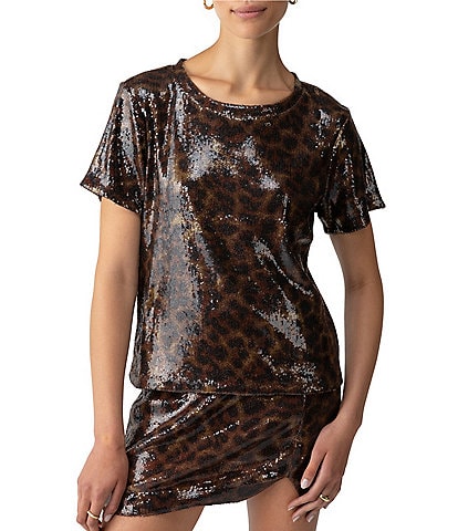 Sanctuary Sequin Leopard Print Crew Neck Short Sleeve Perfect Tee