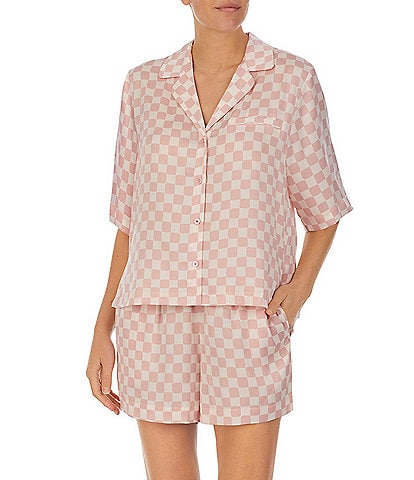 Sanctuary Short Sleeve Notch Collar Satin Checkered Print Shorty Pajama Set