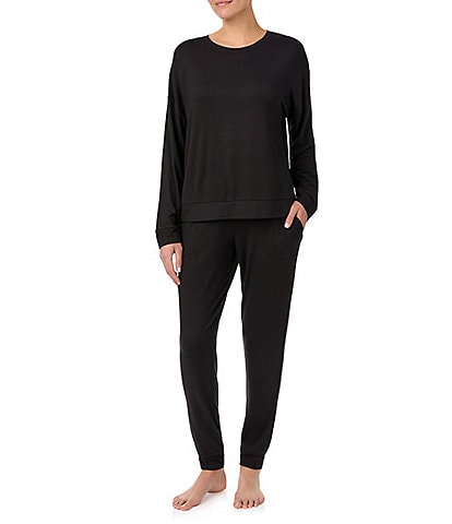 Sanctuary Solid Heathered Long Sleeve Pullover & Jogger Brushed Sweater Jersey Pajama Set