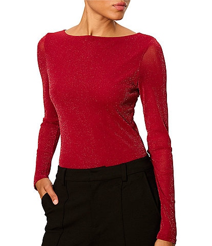 Sanctuary Sparkle Mesh Knit Boat Neck Long Sleeve Fitted Tee