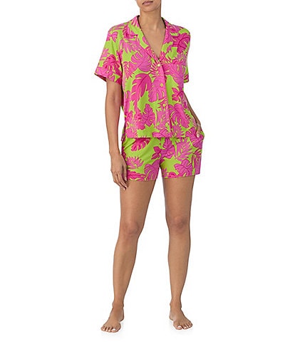 Sanctuary Stretchy Knit Short Sleeve Notch Collar Shorty Palm Print Pajama Set