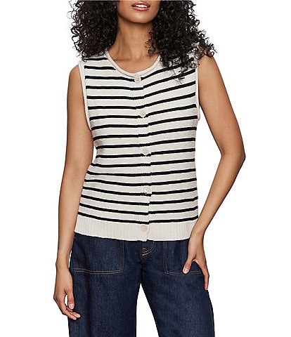 Sanctuary Stripe Print Cotton Slub Crew Neck Sleeveless Button Front Top