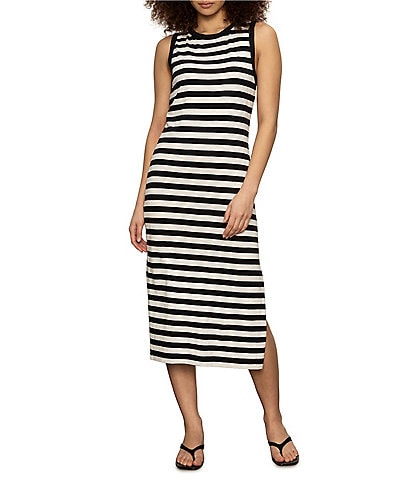 Sanctuary Stripe Print Organic Cotton Blend Crew Neck Sleeveless Contrast Trim Maxi Dress