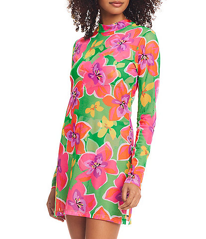 Sanctuary Super Bloom Mock Neck Long Sleeve Swim Dress Cover-Up