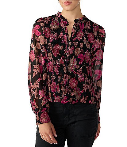 Sanctuary Think Of You Floral Print Split TIe Neck Long Sleeve Smocked Blouse