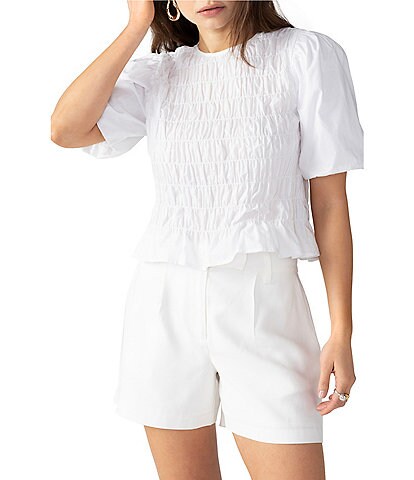 Sanctuary Together Again Poplin Woven Crew Neck Short Puffed Sleeve Smocked Blouse