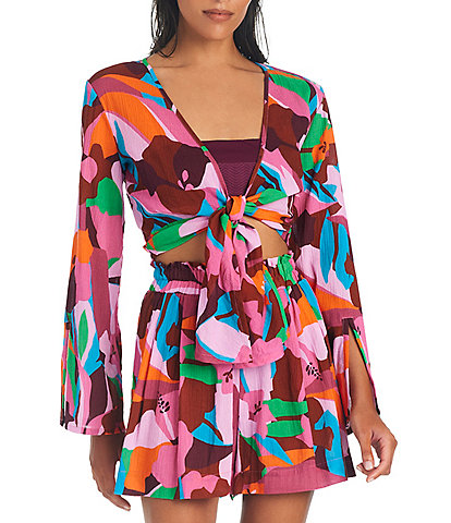 Sanctuary Tropic Mood Printed Open Front Tie Shirt Swim Cover-Up