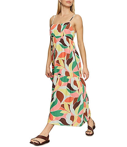 Sanctuary Tropic Printed Linen Blend Square Neck Sleeveless Maxi Dress
