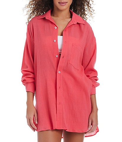 Sanctuary Venice Beach Solid Point Collar Button Front Shirt Swim Cover-Up