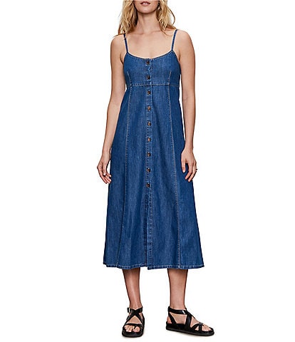 Sanctuary Wilder Sweetheart Neck Spaghetti Straps Sleeveless Button Front Denim Maxi Dress