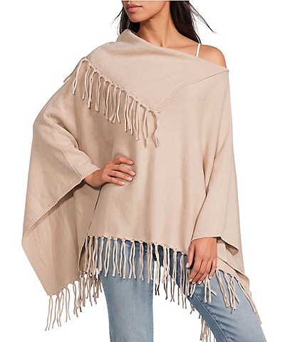 SASSO + SMYTH Fringe Oversized Tassel Collar Knit Poncho