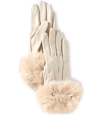 SASSO + SMYTH Women's Faux Fur Bow Cuff Tech Tip Traditional Five Finger Leather Gloves
