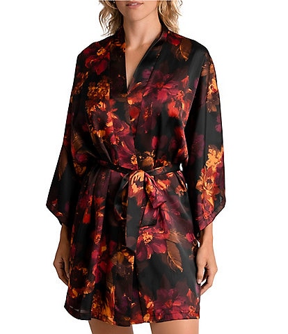Satin Floral Print 3/4 Sleeve Coordinating Wrap Robe