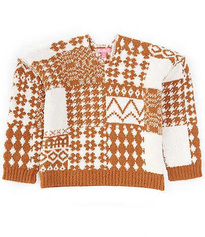 Say What Big Girls 7-16 Long Sleeve V-Neck Cozy Patchwork Sweater