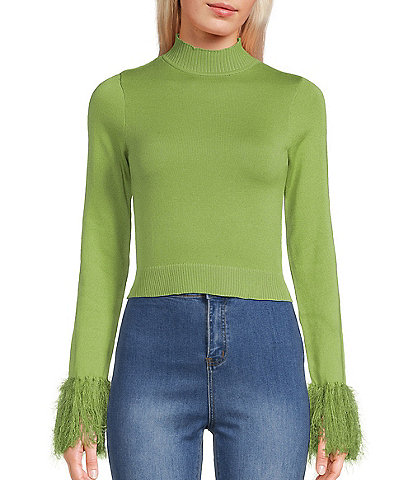 Say What Long Sleeve Mock Neck Feather Cuff Sweater