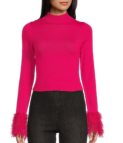 Say What Long Sleeve Mock Neck Feather Cuff Sweater