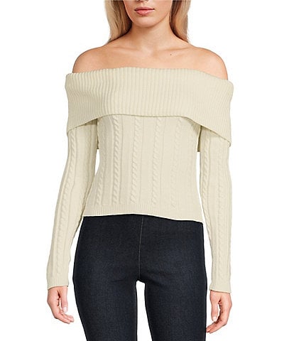 Say What Off The Shoulder Long Sleeve Cable Knit Top