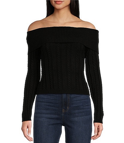 Say What Off The Shoulder Long Sleeve Cable Knit Top