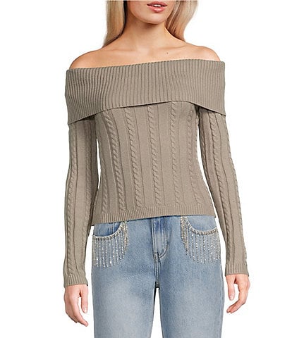 Say What Off The Shoulder Long Sleeve Cable Knit Top