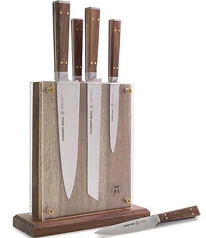Schmidt Brothers Cutlery Brass & Walnut 6-Piece Knife Block Set